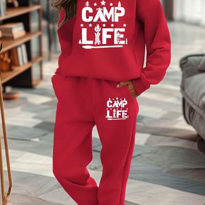 "TEMU " Women' Polyester Sweatshirt And Sweatpants Set - Casual Fall/winter Outfit With Star-patterned Design, Machine Washable" Image