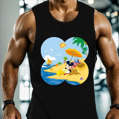 TEMU Series Men's Cotton Sleeveless V-neck Tunic - Black Casual Graphic Tee With Vibrant Character Beach Scene , , Machine Washable, Shirt Image
