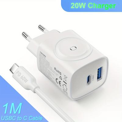 TEMU For Watch Charger 20w Fast Charging Block With Magnetic Wireless Charging & Dual Ports, 3in 1 Pd Usb C Wall Charger Block For Ultra/9/8, For Iphone Pro/15 Pro Max, For Ipad Pro & More Image