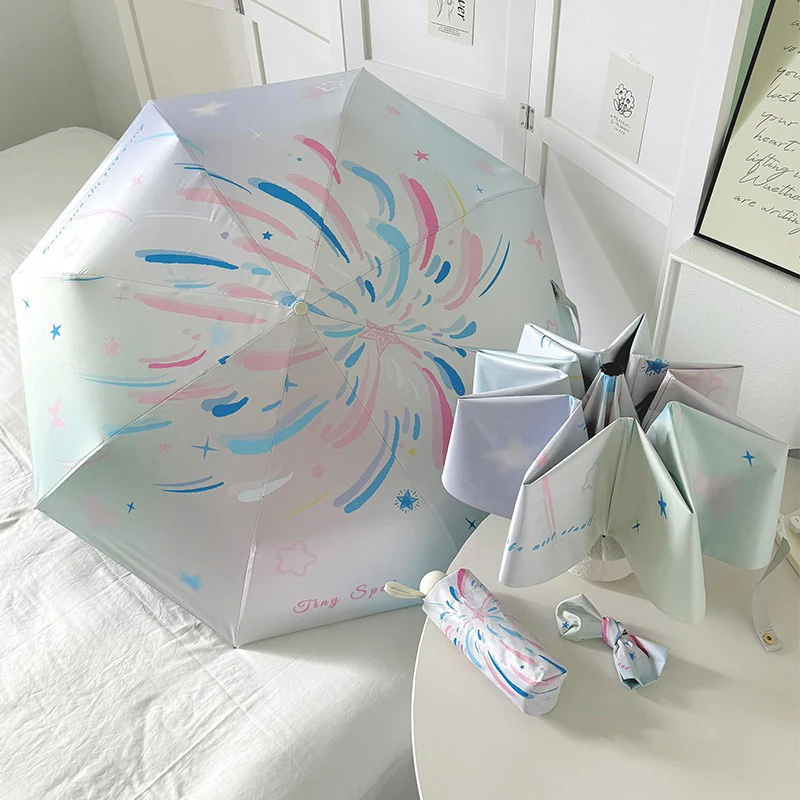 Feuerwerks-Klappschirm für Regen und Sonnenschein, Sonnenschirm zum Sonnenschutz und UV-Schutz, dreifach faltbare Regenschirm Image