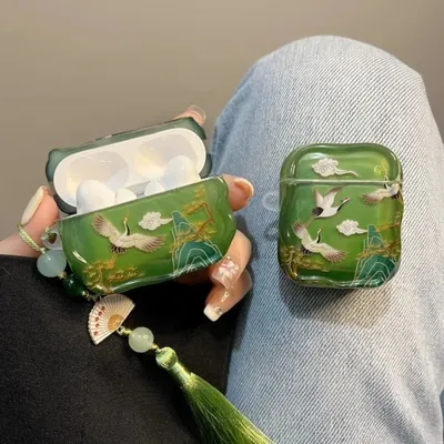 Luxuriöse süße Tengyun-Kran-Faltfächer-Anhänger-Kopfhörer-Hülle für AirPods 1, 2, 3, 4, Schutzhülle, weiche Abdeckung für AirPods Pro 2 Image