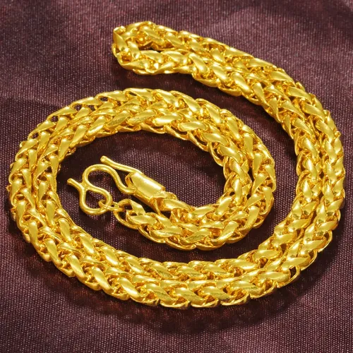 Women's 24K Gold 60cm Twisted Necklace, AU999 | Engraved ""Entropy"" with mechanical motifs.