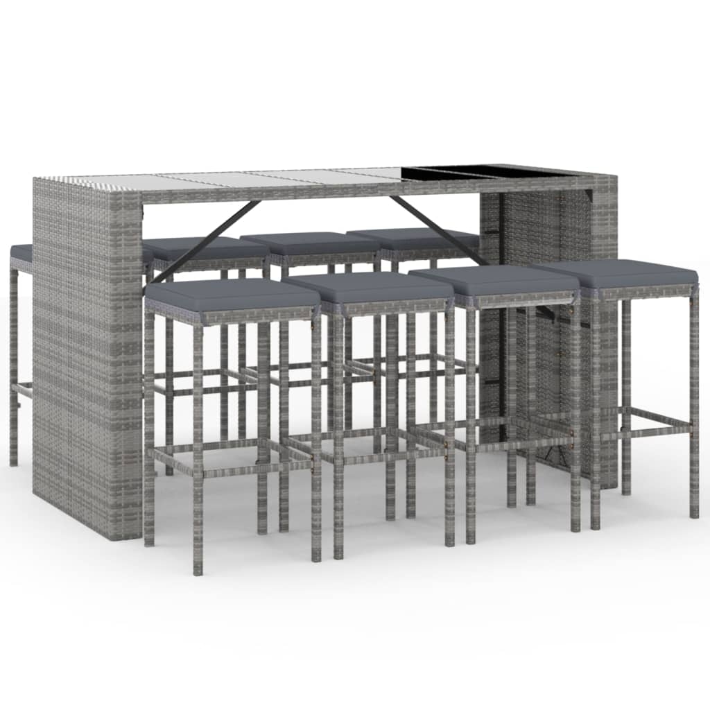 vidaXL 9-tlg. Gartenbar-Set mit Kissen Grau Poly Rattan Image