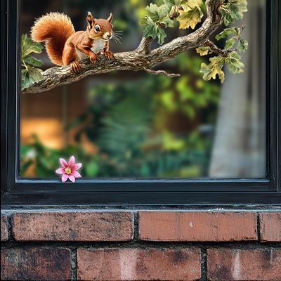 TEMU 1pc Squirrel Climbing Tree Window Decal - Self-adhesive Pvc Nature-inspired Art Sticker, Irregular Shape, Semi-, Polyvinyl Chloride, Single Use, For Living Room Decor Image