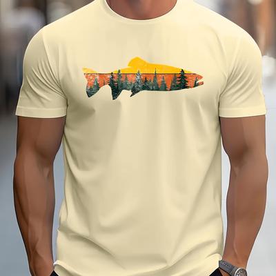 TEMU Men's Trout Fly Fishing Graphic T-shirt - Soft, Breathable Short Sleeve With Mountain & Forest Design, , Summer Casual Wear, Fishing Shirt Image