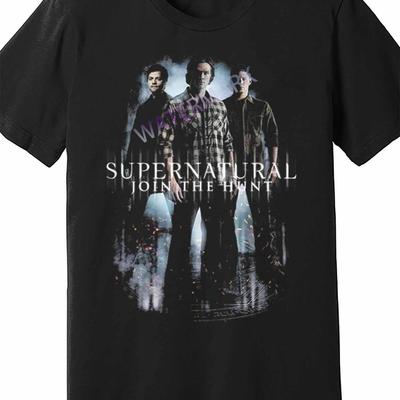 "TEMU Supernatural "join The Hunt" Men's Graphic T-shirt - Black Casual Short Sleeve Tee With Sam, & Castiel Faded Poster Design, Soft Mid-stretch Fabric, Machine Washable" Image