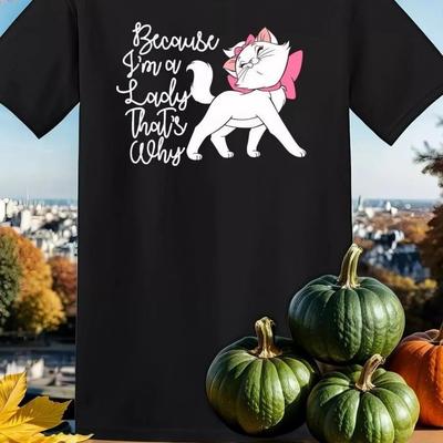"TEMU Marie "i Do " Funny Cat Graphic T-shirt, Black Cotton Casual Fit, Perfect Gift For Teens And Fans, Machine Washable" Image