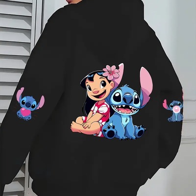 TEMU Licensed Stitch And Hoodie - Women's Casual Zip-up Sweatshirt With Front Pocket, Machine Washable, Cozy Polyester, Red With , Fall/, Casual Wear Hoodie | Cartoon Print Hoodie | Zippered Hoodie Image