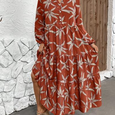 TEMU Plus Size Leaf Print Button Front Dress, Casual Long Sleeve Maxi Dress For Spring & Fall, Women's Plus Size Clothing Image
