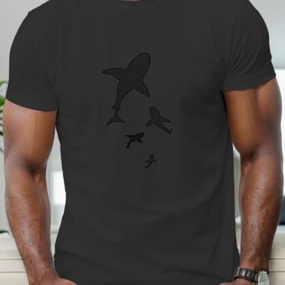 TEMU Men's Casual Crew Neck T-shirt With Geometric Shark Swarm Design, 100% Polyester Knit Fabric, Stretch, Regular Fit, Summer Top - 150g/m² Image