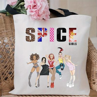 "TEMU Spice Girls Canvas Tote Bag - Large Capacity Crossbody Handbag For Women, White With "spice Girls" Print & Colorful Graphic Design, Casual Shoulder Bag For Everyday Use" Image