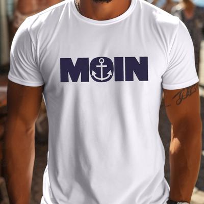 TEMU Men's Casual Summer T-shirt With Hello Anchor Print - Short Sleeve, White Crew Neck, Stretchy Fabric, Outdoor Activities, Casual Summer Wear | | Polyester Image