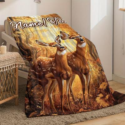 TEMU Personalized Name Deer Blanket - Soft Flannel Throw For All , Lightweight & Warm - Autumn Forest Design With Deer - Sofa, Bed, Camping, And Office Use Image