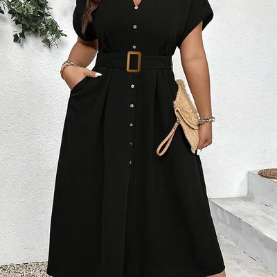 TEMU Elegant Solid Color Midi Dress With Belt - Casual Short Sleeve, Button-up Lapel Collar For Women - Spring/summer/fall Image