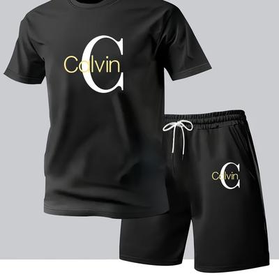 TEMU Summer Men's Fashion Round Neck Printed Short Sleeve T-shirt And Shorts 2pcs Casual Sporty Set Image