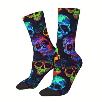 TEMU 1 Pair Men's Neon Skull Pattern Crew Socks, Polyester Knit Fabric With Elastane, Hand Washable, Unisex Style Novelty Socks For Gifts - Random Print Image