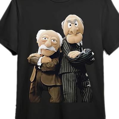 TEMU Styller & Waldorf Men's Funny Print Short Sleeve T-shirt - Black Business Suit Character Design, Regular Fit Casual Summer Tee, Machine Washable Image