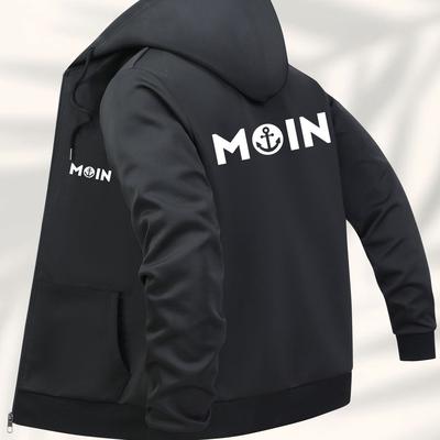 "TEMU Men' Black Hooded Jacket With "moin" Print - Casual Zip-up Coat, Polyester Lining, Regular Fit, Front Pockets, Casual Attire, Casual Outerwear | Trendy Casual Jacket | Polyester Lined Interior" Image