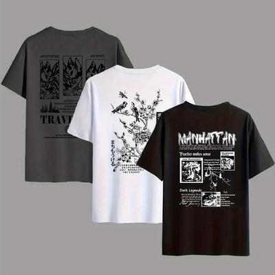 TEMU 3pcs Men's Short Sleeve T-shirts - Classic Regular Fit Casual Crewneck Tees With Geometric & Travel Graphic Designs, Fabric, Machine Washable, Black & White Image