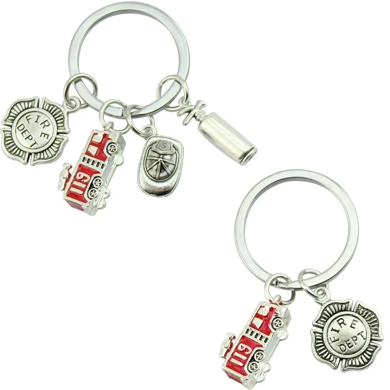 Feuerlöscher Helm Abzeichen Feuerwehrmann Axt Feuerwehrauto Schlüsselanhänger Ring Damen Schmuck Accessoires Mode Anhänger Image