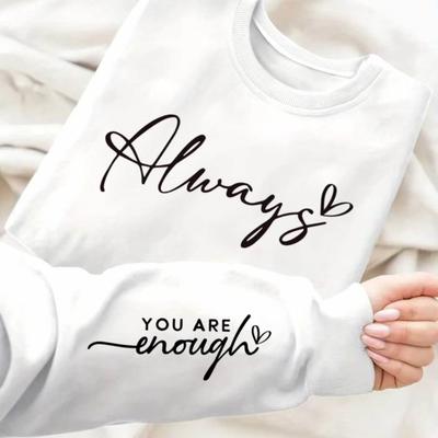 "TEMU 1pc Women's Inspirational Quote Polyester Sweatshirt - Crew Neck, , Knit Fabric With " You Are Enough" Letter Print" Image