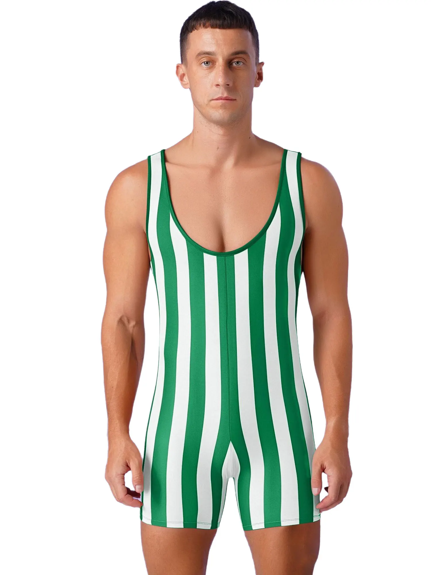 Starke, dehnbare Wrestling-Singlet-Trainingskostüme für Herren, gestreifte Strampler für Bodybuilding, Shapewear, Fitness, Fitnessstudio, Sportkostüme Image