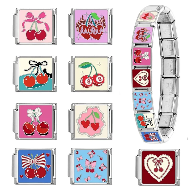 Simpatico fiocco con nodo a forma di cuore, ciliegia, dolce, rosa, rosso, italiano, con ciondoli adatti per bracciale da 9 mm, gioielli da donna in acciaio inossidabile, regali fai da te
