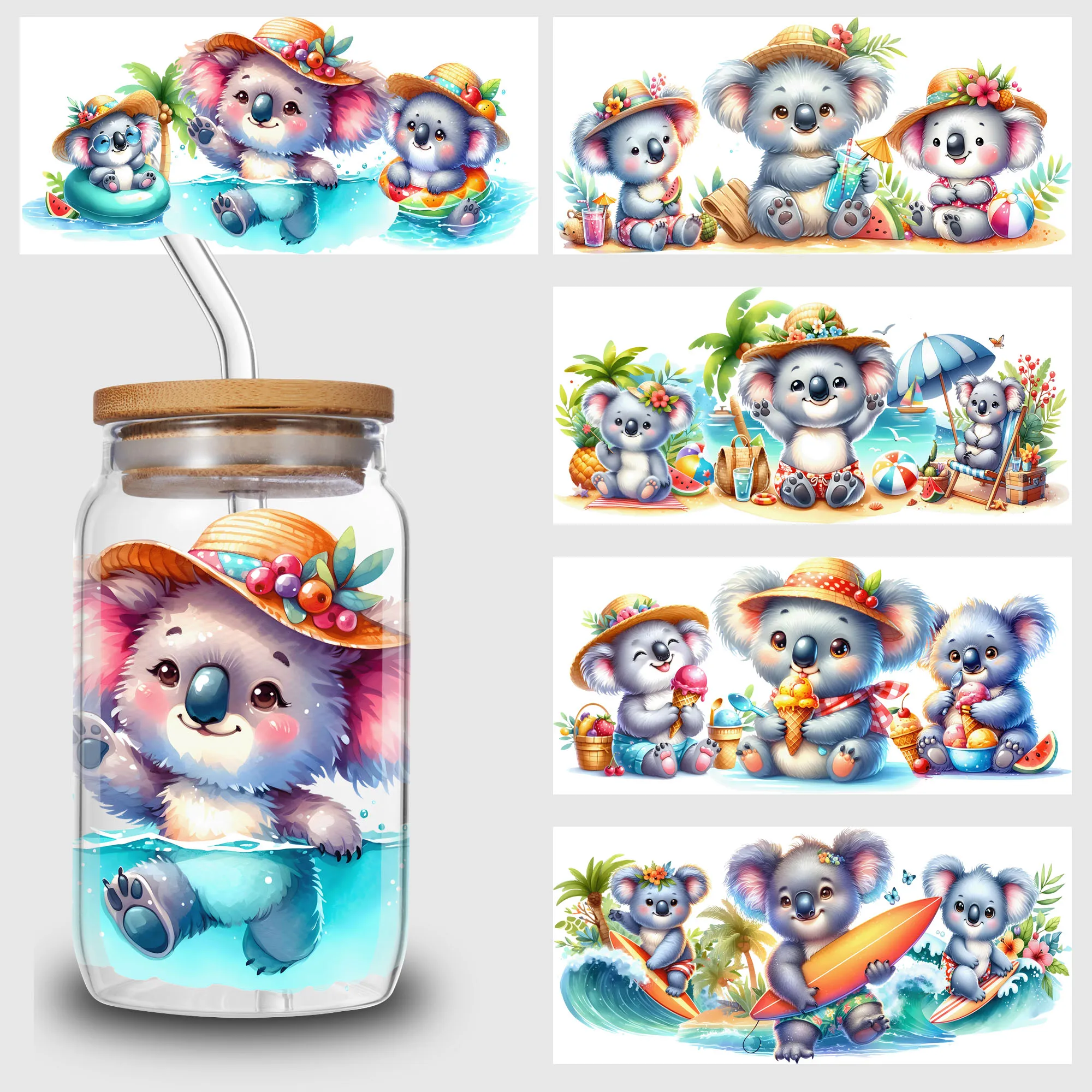 5 Blatt Koala UV DTF Cup Pack für 16 oz Glas, wasserdicht, heißer Sommer, schönes Design, UV-DTF-Aufkleber für 16 oz Glas, DIY Image