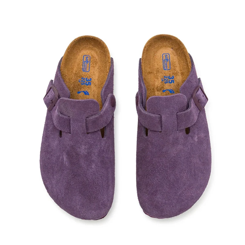 Lila Retro-Hausschuhe mit dicken Sohlen für Damen, Slip-on-Schuhe mit geschlossener Zehenpartie, für drinnen und draußen, Wildleder-Pantoletten, halbe Hausschuhe mit Schnalle