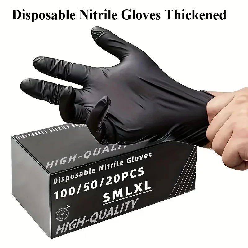 100/50/20 Stück schwarze Nitril-Handschuhe, verdickte Einweghandschuhe zum Reinigen, Friseur, wasserdichter Geschirrspül-Tattoo-Handschuh Image