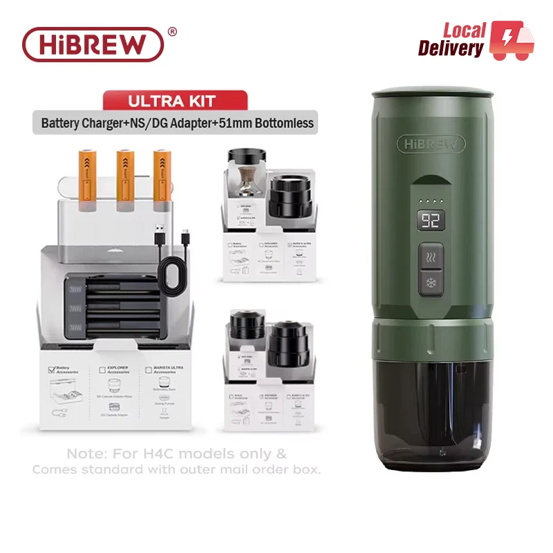 HiBREW H4C H4C Tragbare Espressomaschine, austauschbarer Akku, 51 mm, bodenloser gemahlener Kaffee, Zubehör für Nes DG-Adapter