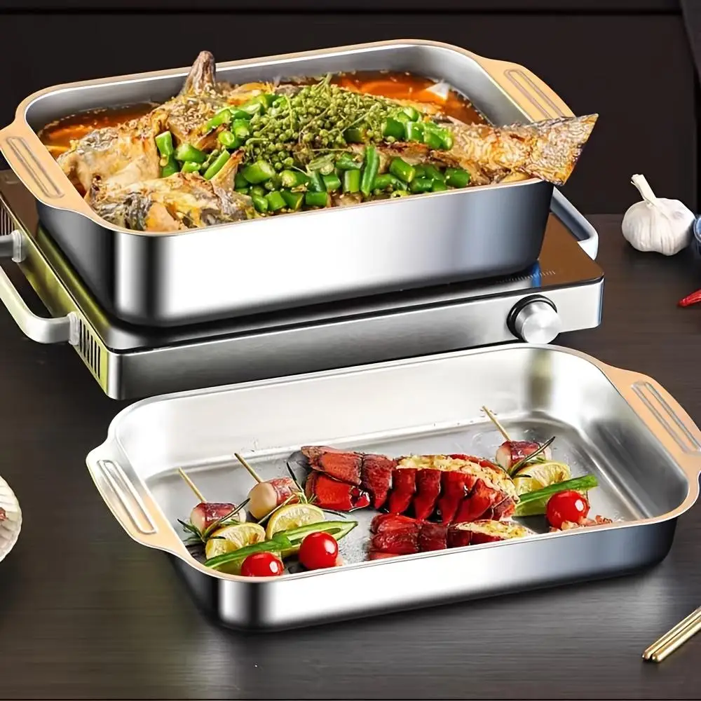 3-teiliges Backblech-Set aus Edelstahl, Mehrzweck-Grillplatten, tief und verdickt, langlebig, antihaftbeschichtet, leicht zu reinigen für Partys Image