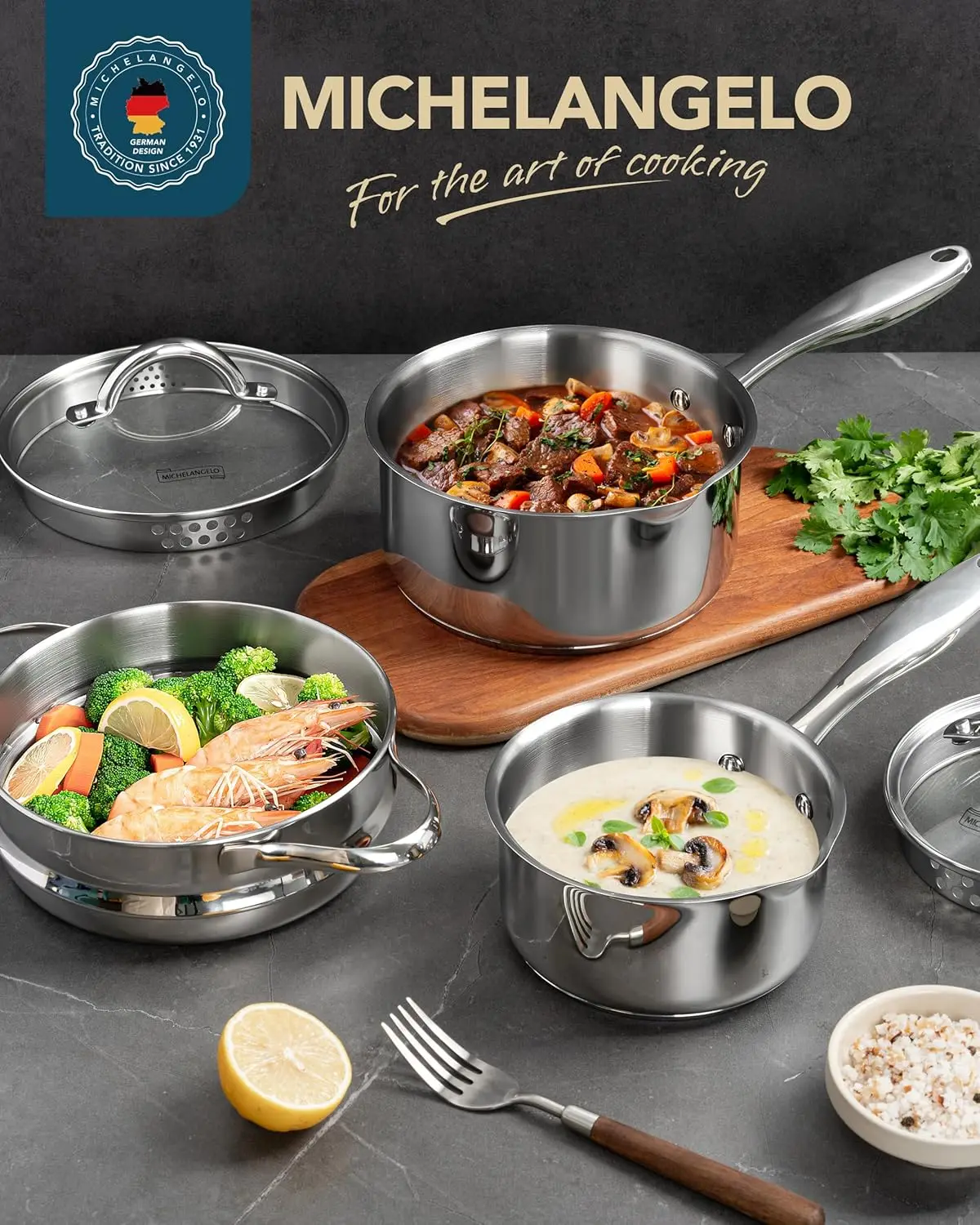 MICHELANGELO Saucenpfanne-Set aus Edelstahl mit Dampfgarer, 18/10-Pfannenset mit Ausgießer und Sieb, Glasdeckel, spülmaschinenfest Image