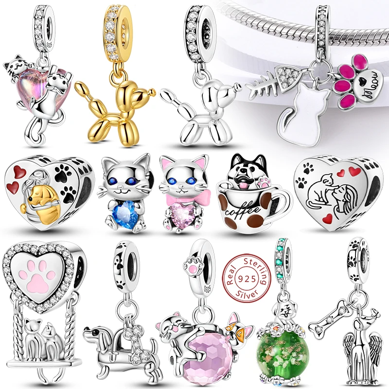 Charms aus 925er-Sterlingsilber, Hund, Katze, Pfotenabdruck, Liebe, Haustiere, Charms, Perlen, passend für Original-Armbänder, Halsketten, Anhänger, Frauen, DIY-Schmuck Image