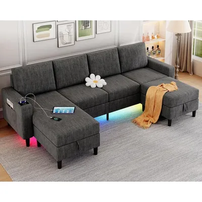 Sectional Couches for Living Room, 4 Seat Linen Sectional Sofa with Reversible Chaise Lounge/Storage Ottoman, U Shaped Couch wit