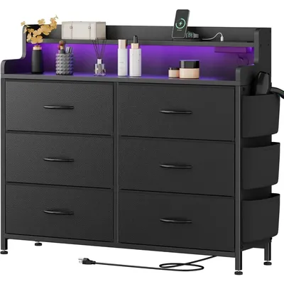 Black Dresser for Bedroom 6 Drawers - Fabric Dressers for Bedroom with LED Light & Charging Station - Adults Chest of Drawers