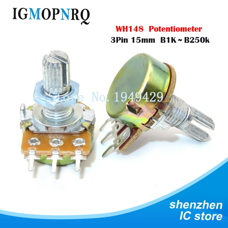 100pcs WH148 B1K B2K B5K B10K B20K B50K B100K B500K 3Pin 15mm Shaft Amplifier Dual Stereo Potentiometer 1K 2K 5K 10K 50K 100K