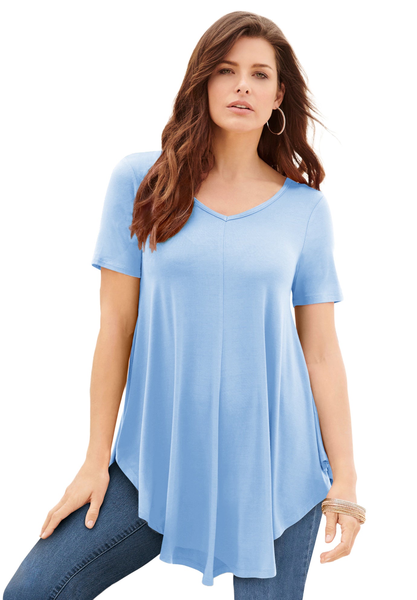 Plus Size Women's Plus Size Ultra Drape V-Neck Swing Tunic Top by Roaman's in Soft Sky (Size 12) Short Sleeve V-Neck Shirt