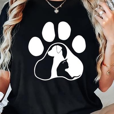 TEMU Plus Size Women's Casual T-shirt With Paw - Soft Polyester Spandex Blend, Medium Stretch Fabric, Comfortable Round Neck Short Sleeve Top, Black Graphic Tee For Casual Attire Image