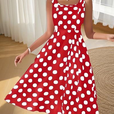 TEMU Women's A-line Sleeveless Dress - Polka Dot Square Neck, Machine Washable Medium Stretch, Spring/summer Casual To Elegant Wear For Vacation & Daily Outfits, Mediumstretch Fabric Image