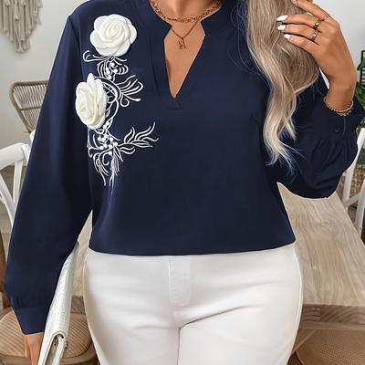 TEMU Plus Size, Black Floral Print 3d Embellished Elegant Women's Blouse Image