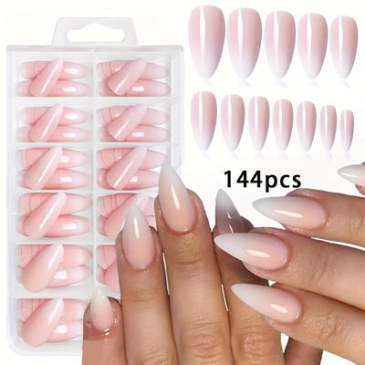 TEMU 144pcs Medium-long Almond Nail Extensions With White French Gradient Design, Suitable For Women And, Includes 3pcs Jelly Glue, 3pcs Mini Nail Files, And 3pcs Wooden Sticks Image