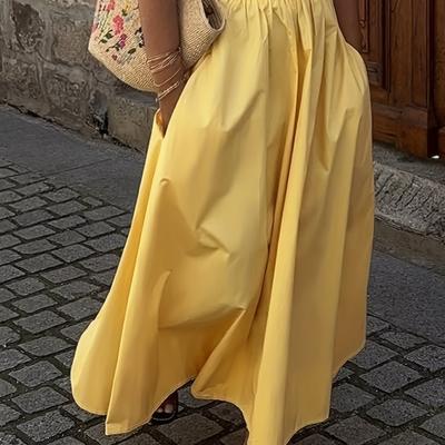 TEMU Women's Elegant Yellow Maxi Skirt With Elastic Waist And Pockets - Flowy A-, High-waisted, Spring/summer Casual , Casual Summer Wear | Highwaisted Skirt | Texture Image