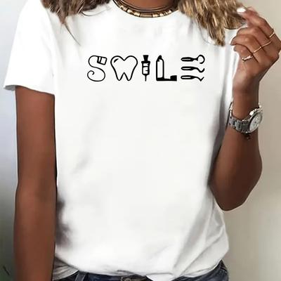 TEMU Women's Smile Dental Graphic T-shirt - Black Round Neck Short Sleeve Tee, Medium Stretch , Machine Washable Sizes S-xxl, Dental Shirts Image