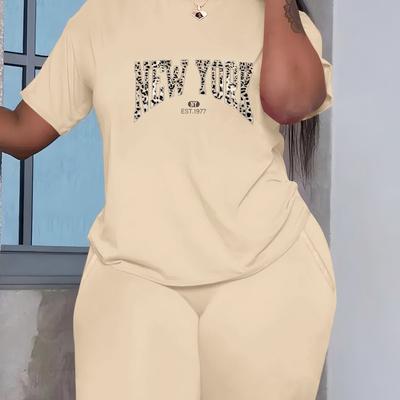 TEMU 2pcs Set Of Spring/summer Plus Size Women's New Printed Daily Casual And Comfortable Round Neck Short Sleeved T-shirt+stretchable Waist With Pocket Shorts Image