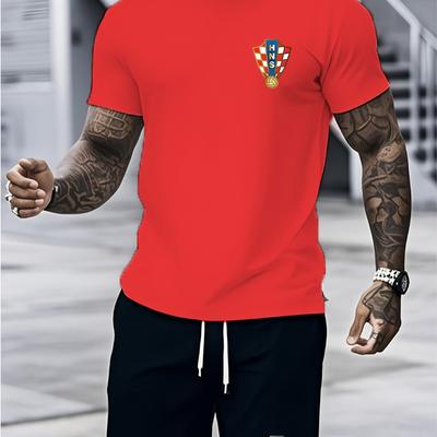 TEMU Croatian Fashion Sports Suit Round Neck T-shirt With Drawstring Shorts. With A Croatian Badge, Simple And Full Of Personality, Suitable For Sports Or Daily , Its Unique Charm. Image