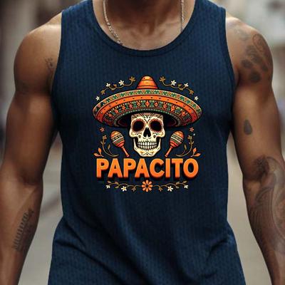 TEMU Men's Mexican Skull Sombrero Print Tank Top - Breathable, Comfortable Sleeveless Athletic Shirt For Summer, Mexican Party Apparel|vibrant Clothing|comfortable Wear Image