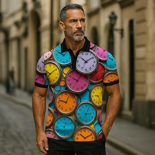 Herren Uhr Polo Kurzarm Polo-Shirts Hemden mit Kragen Lässig Athleisure Knöpfe Sommer Regenbogen