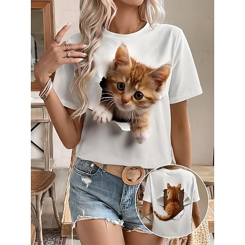 Damen T Shirt Druck Grafik Tiermotiv Katze Vintage Stilvoll Klassisch Kurzarm Rundhalsausschnitt Rundhals Normale Oberteile Täglich Wochenende Blau Weiß Gold Grün Grau Sommer Frühling Image