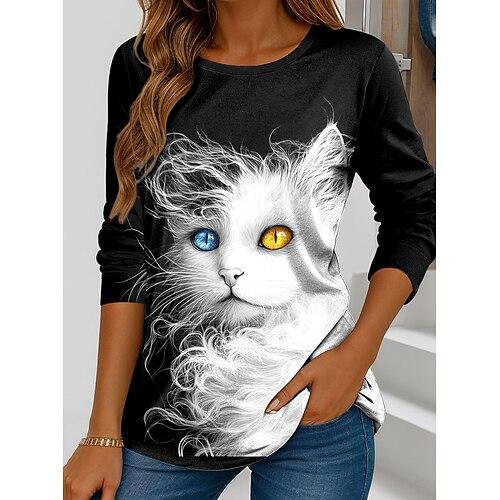 Damen T-Shirt Rundhals Langarm Tunika Grafik Tier Katze Vintage Stylisch Klassisch Reguläre Oberteile Täglicher Wochenend Druck Schwarz Sommer